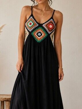 Girls Black Spaghetti-Strap Dress with Colorful Crochet Yoke